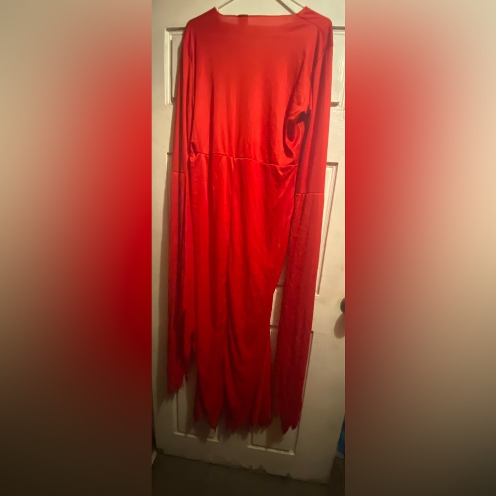 Red devil costume for Halloween. Includes the dress, belt, and headband